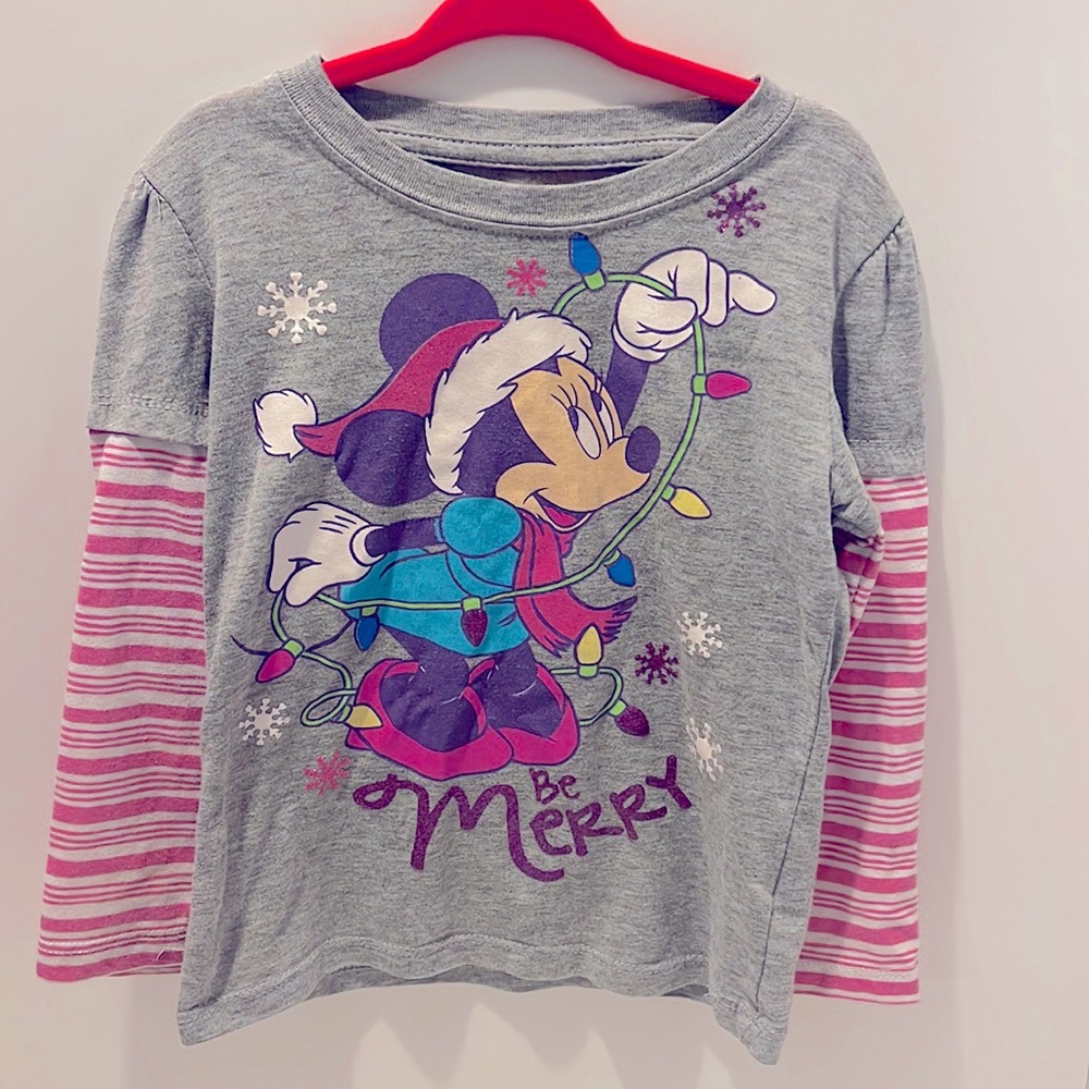 4T Minnie Mouse Be Merry Long Sleeved Pink and Gray Christmas Holiday Shirt
